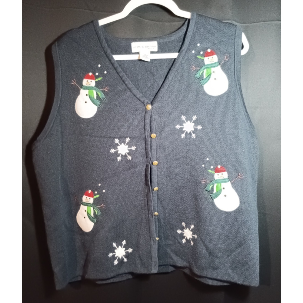 Snowman Christmas Sweater Vest Women’s Plus 1X Black Snowflakes VTG Croft Barrow